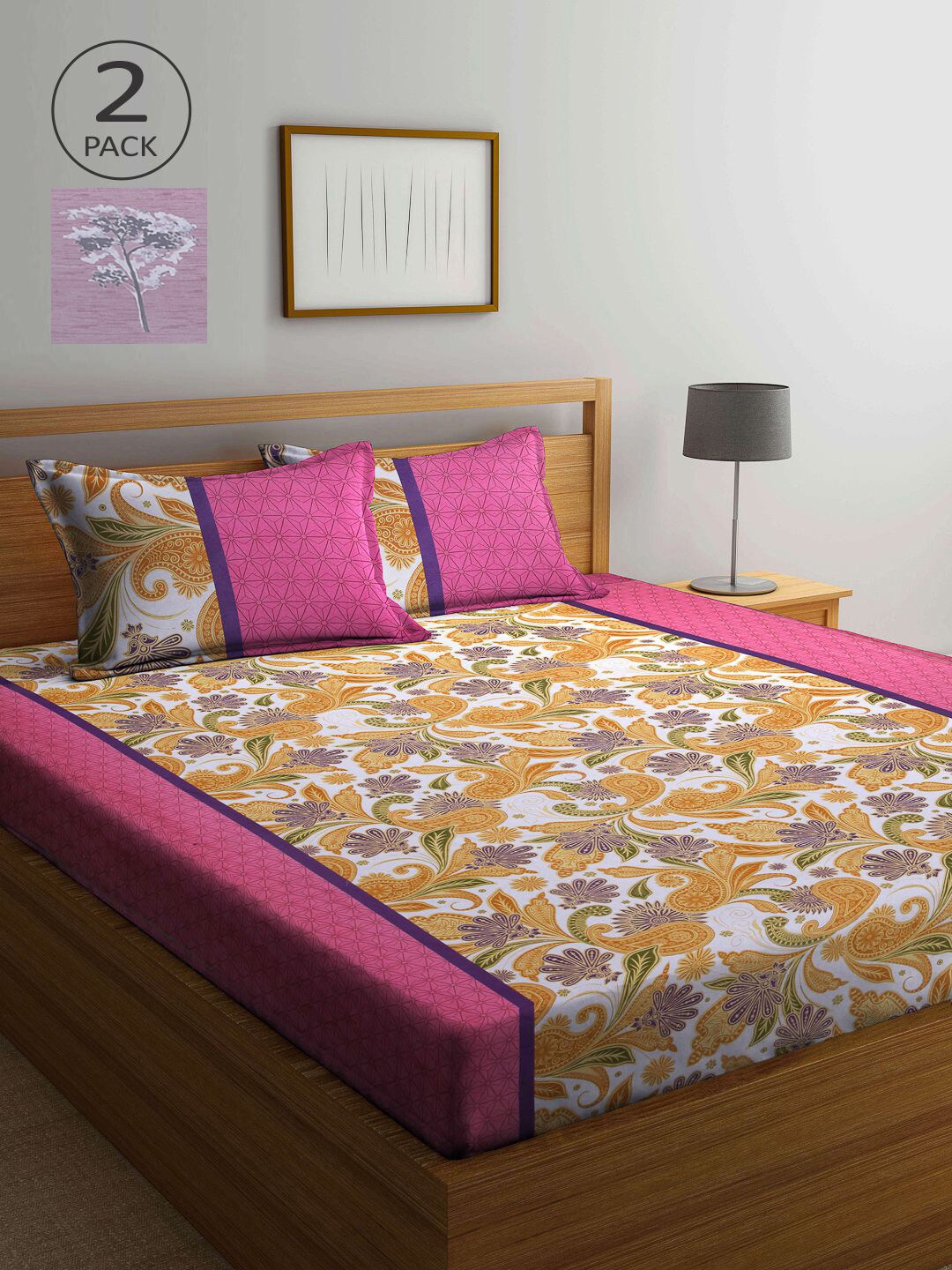 

KLOTTHE Purple & Yellow Floral Pure Cotton 210 TC 2 Queen Bedsheet with 4 Pillow Covers