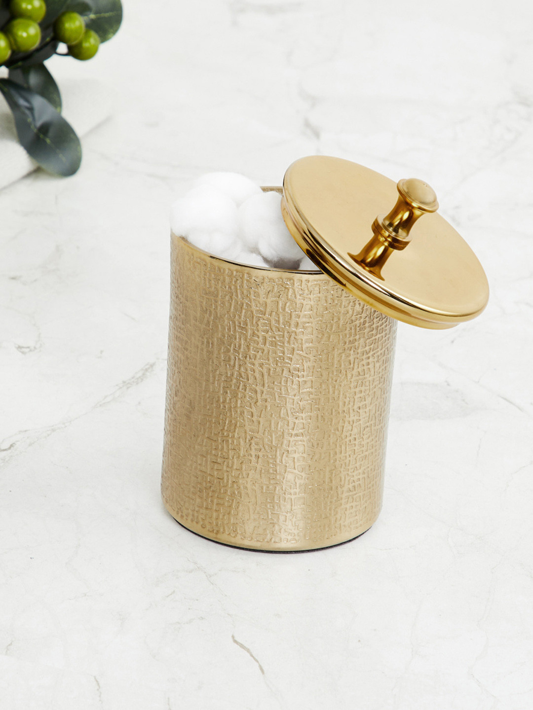 

Home Centre Gold Textured Metal Cotton Box With Lid