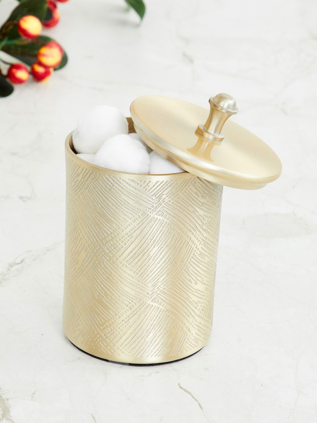 

Home Centre Panama Gold Toned Metal Cotton Box With Lid