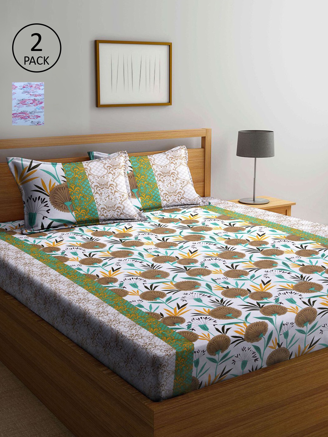 

KLOTTHE White & Black Floral 210 TC 2 Queen Bedsheet with 4 Pillow Covers