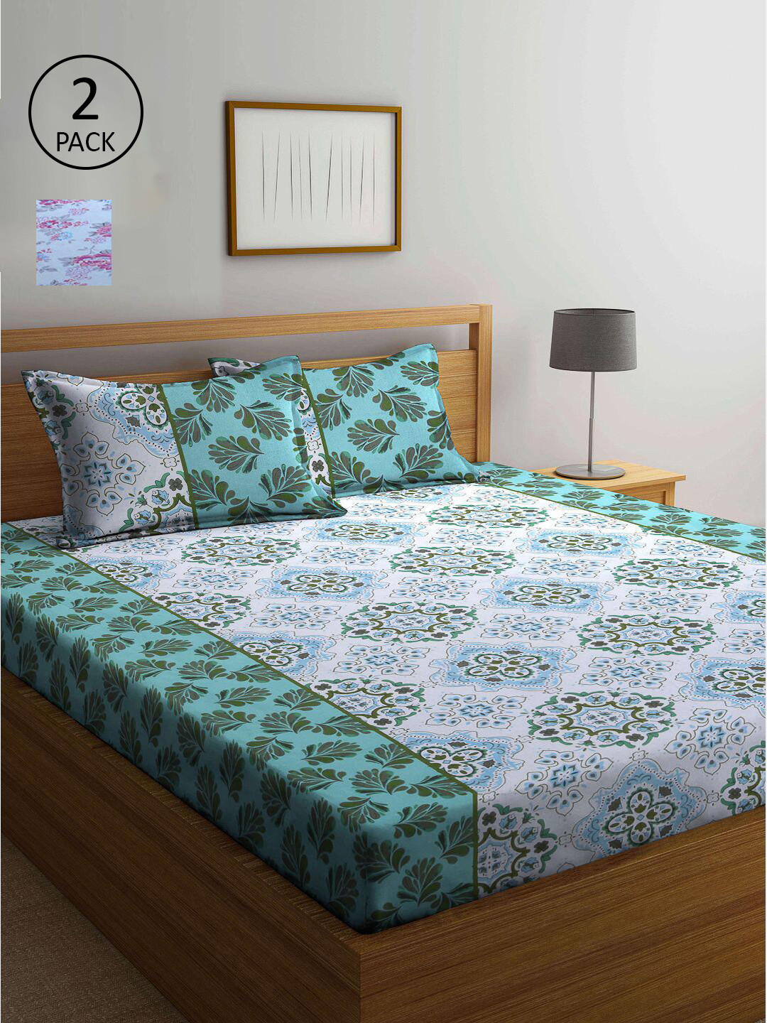 

KLOTTHE Purple & Green Floral 210 TC 2 Queen Bedsheet with 4 Pillow Covers