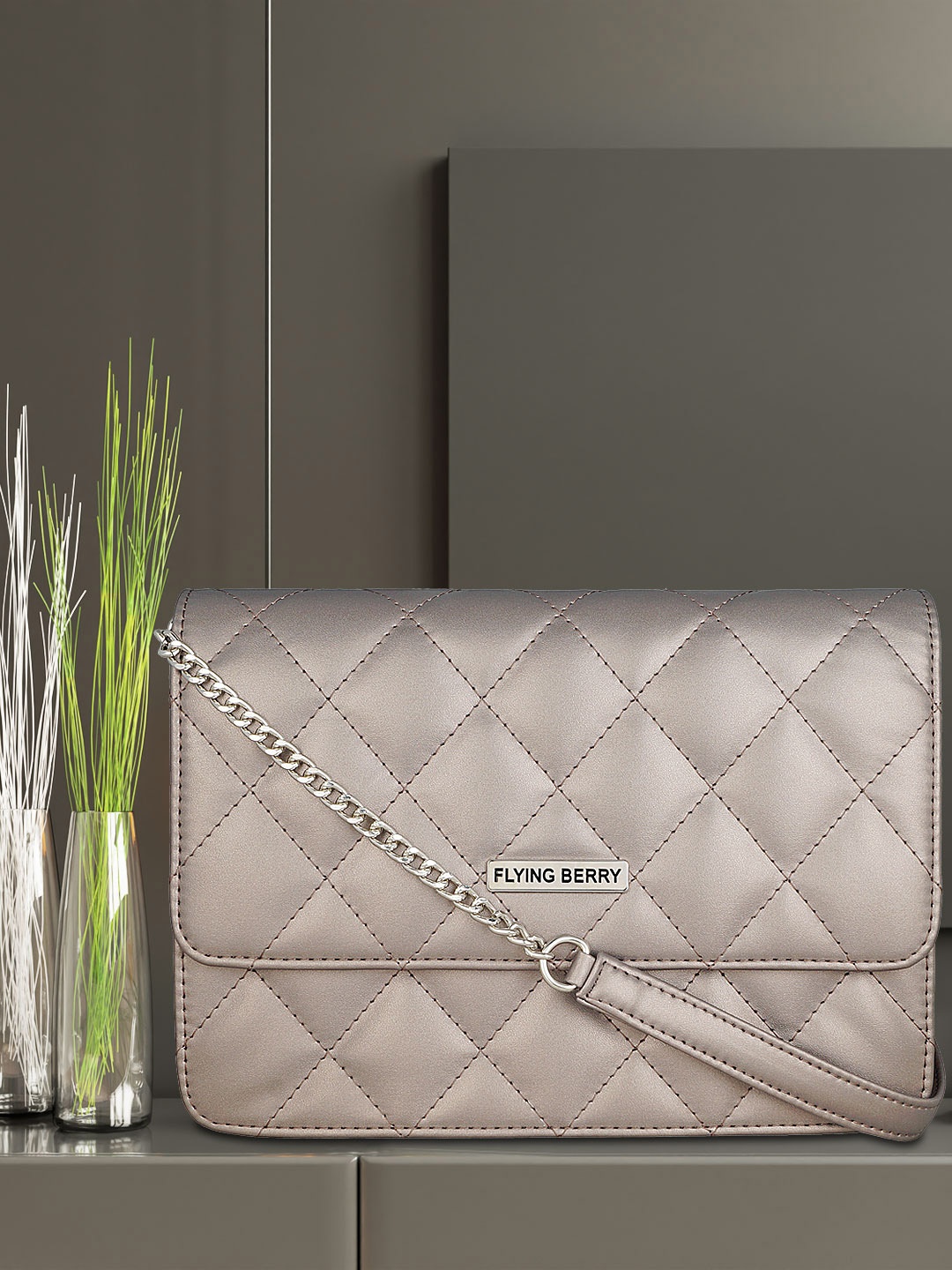 

FLYING BERRY Gunmetal-Toned Textured PU Bucket Sling Bag with Quilted, Metallic