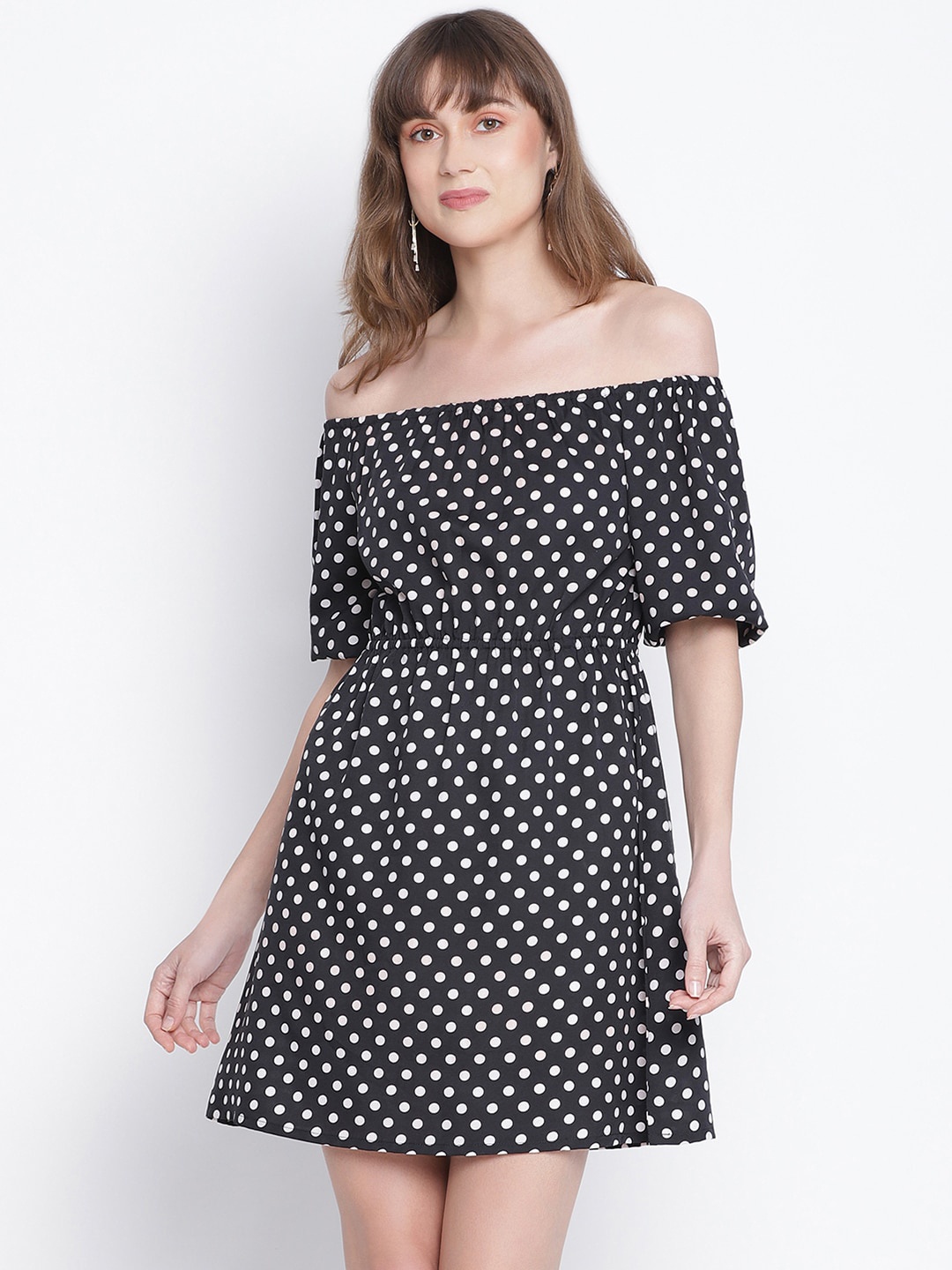 

DRAAX Fashions Black & White Polka Dots Printed Off-Shoulder Dress