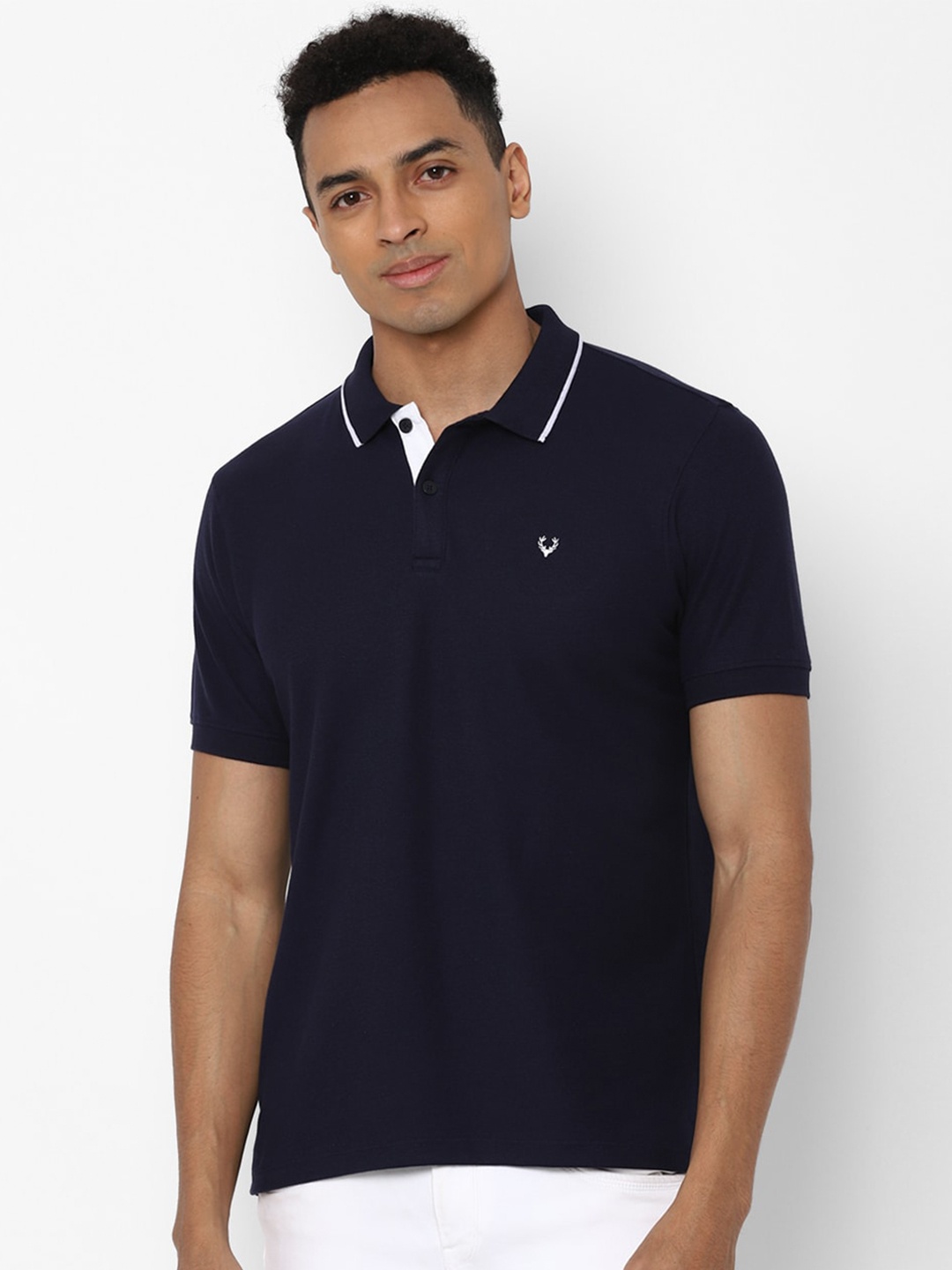 

Allen Solly Men Navy Blue & White Solid Polo Collar Cotton T-shirt