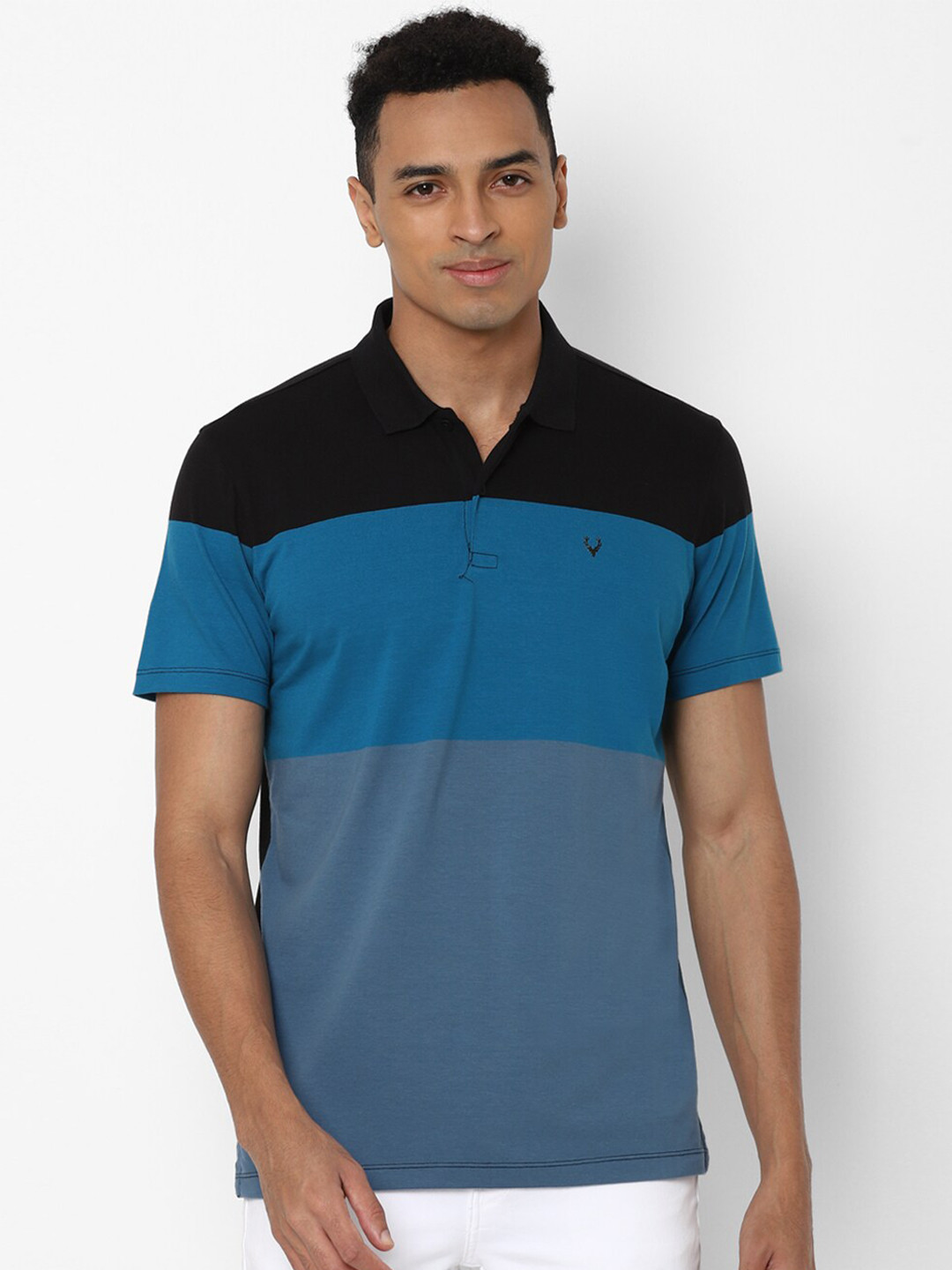 

Allen Solly Men Blue & Black Colourblocked Polo Collar Cotton T-shirt
