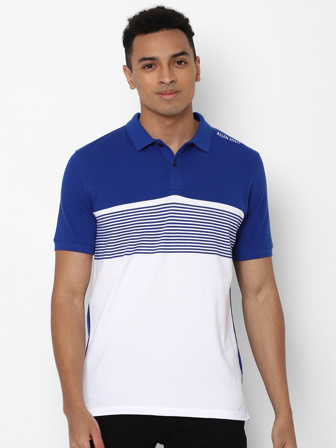 

Allen Solly Men White & Blue Colourblocked Polo Collar Regular Fit Cotton T-shirt
