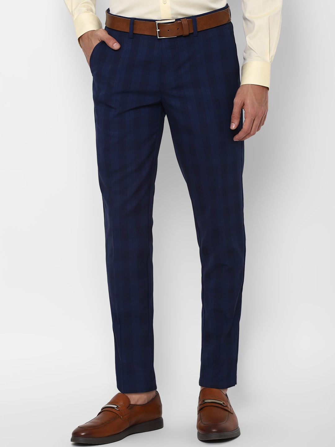 

Allen Solly Men Navy Blue Checked Slim Fit Trousers