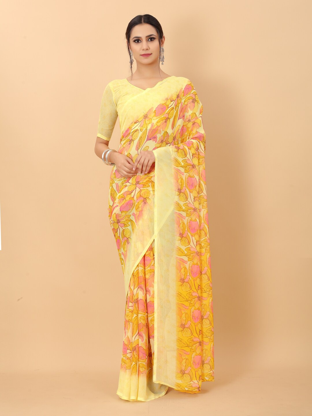 

PERFECTBLUE Yellow & Pink Floral Saree