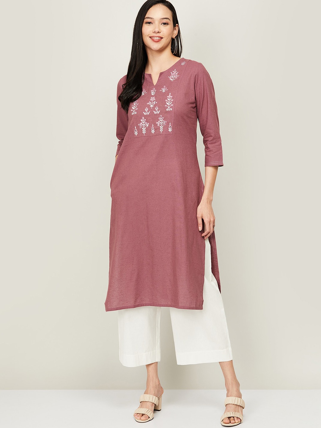 

Melange by Lifestyle Women Purple Cotton Embroidered Yoke Design Kurta