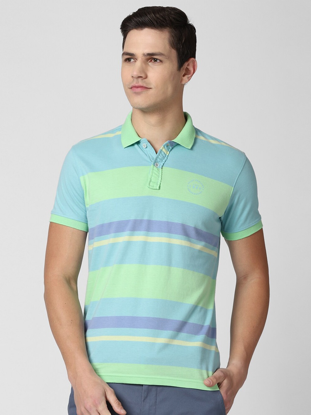 

Peter England Casuals Men Blue Striped Polo Collar Slim Fit T-shirt