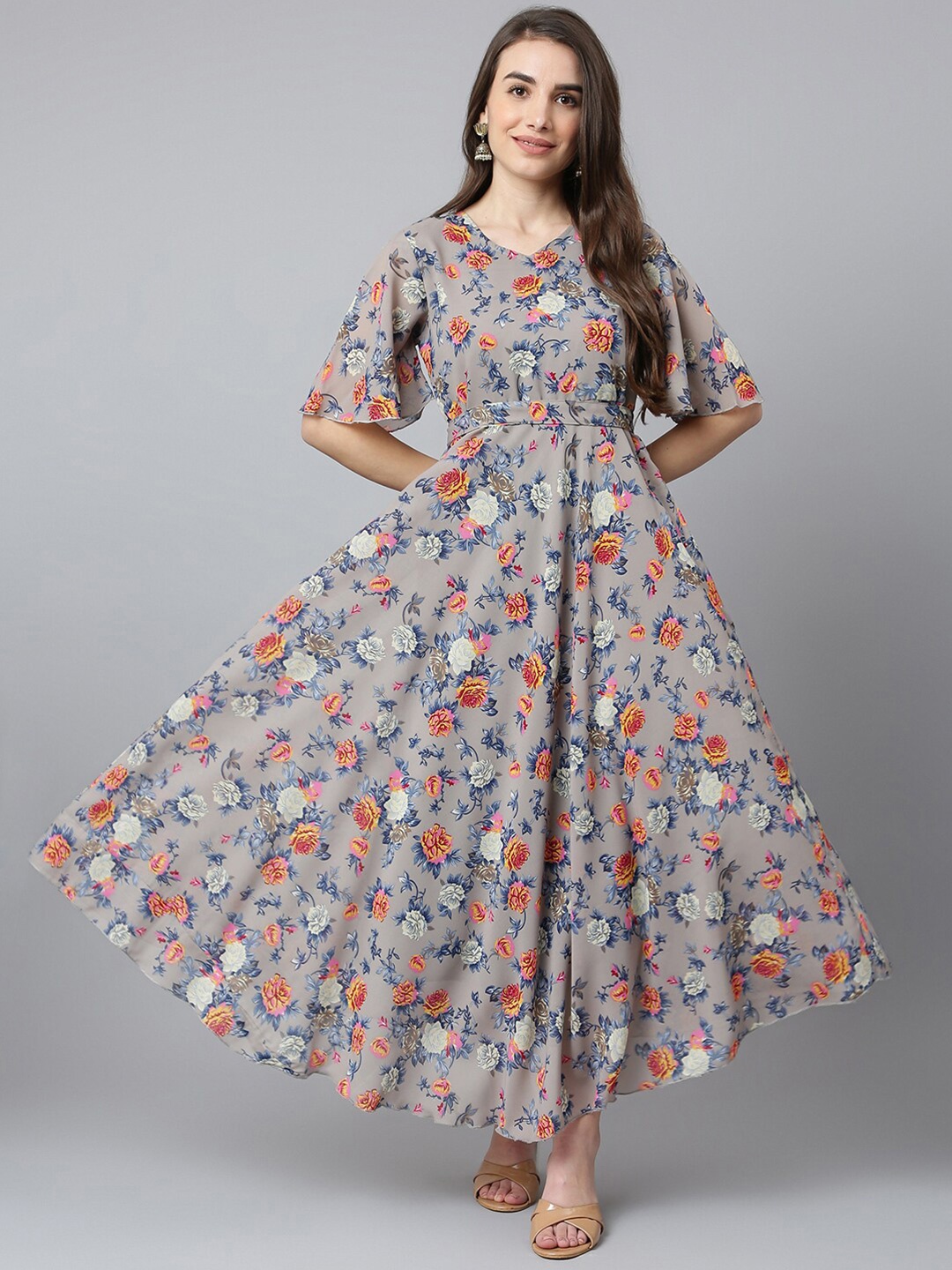 

Azira Woman Grey Floral Georgette Maxi Dress