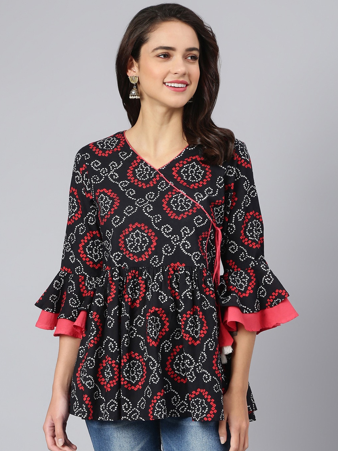 

Azira Women Black & Red Cotton Bandhani Print A-line Top