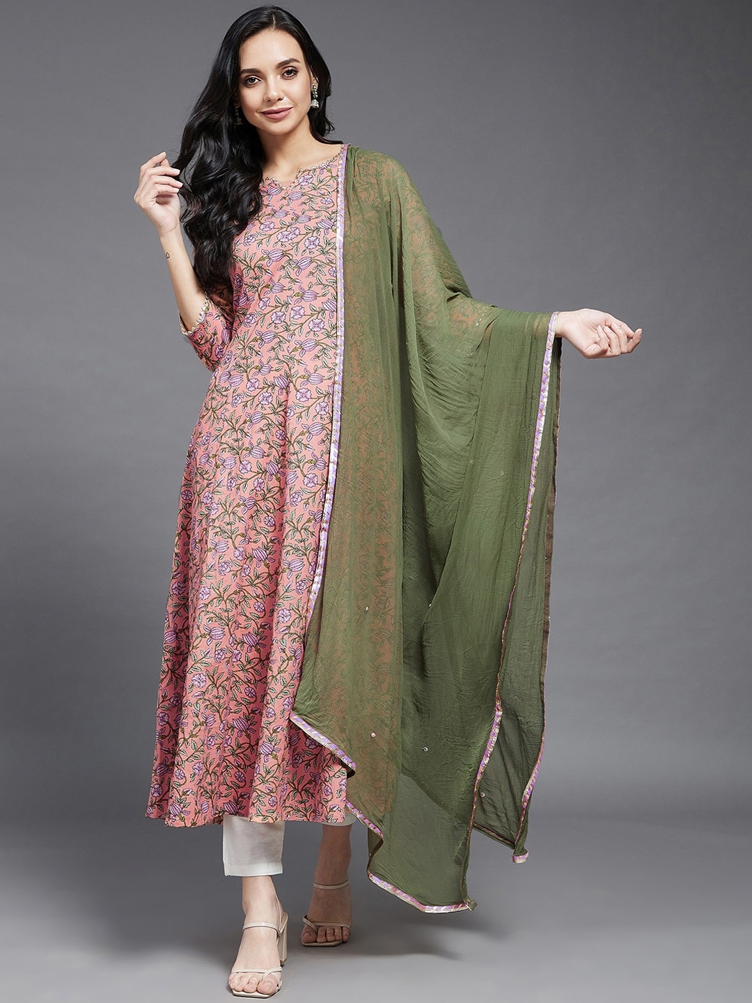 

Azira Women Pink & Green Floral Printed Floral Anarkali Kurta with Dupatta