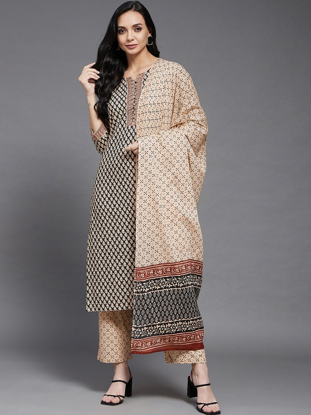

Azira Women Beige Ethnic Motifs Printed Pure Cotton Kurta with Trousers & With Dupatta