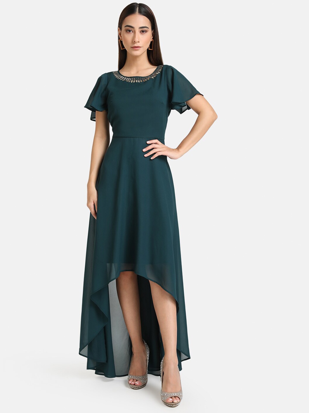 

Kazo Women Green & Gold-Toned Solid Round Neck Maxi Dress