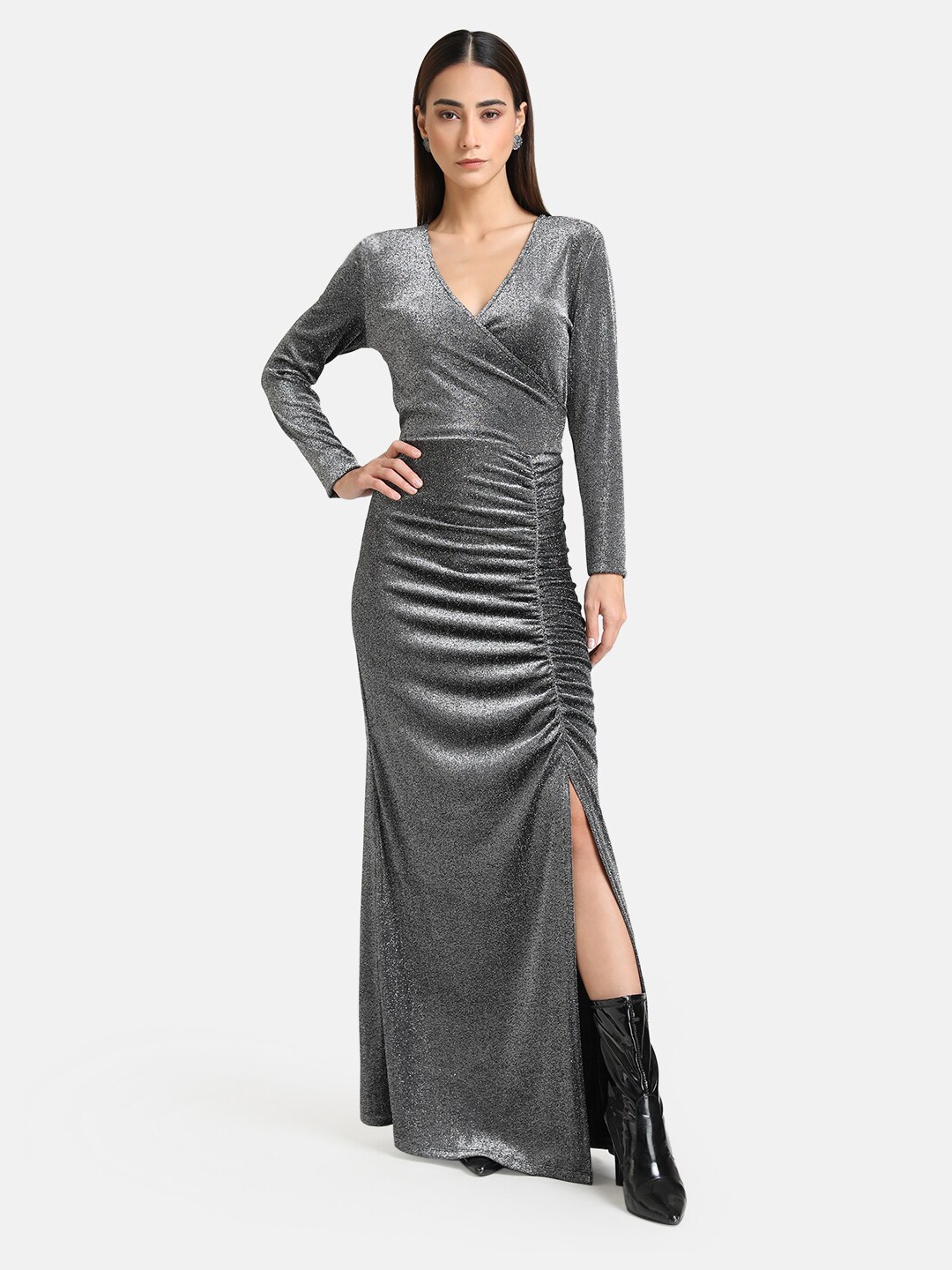 

Kazo Black Maxi Knit Wrap Dress With Ruching Detail