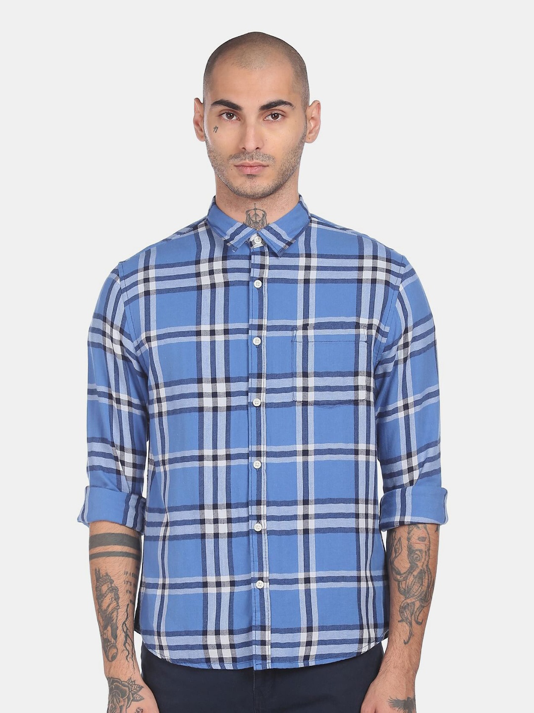 

Ruggers Men Blue Tartan Checks Regular Fit Cotton Casual Shirt