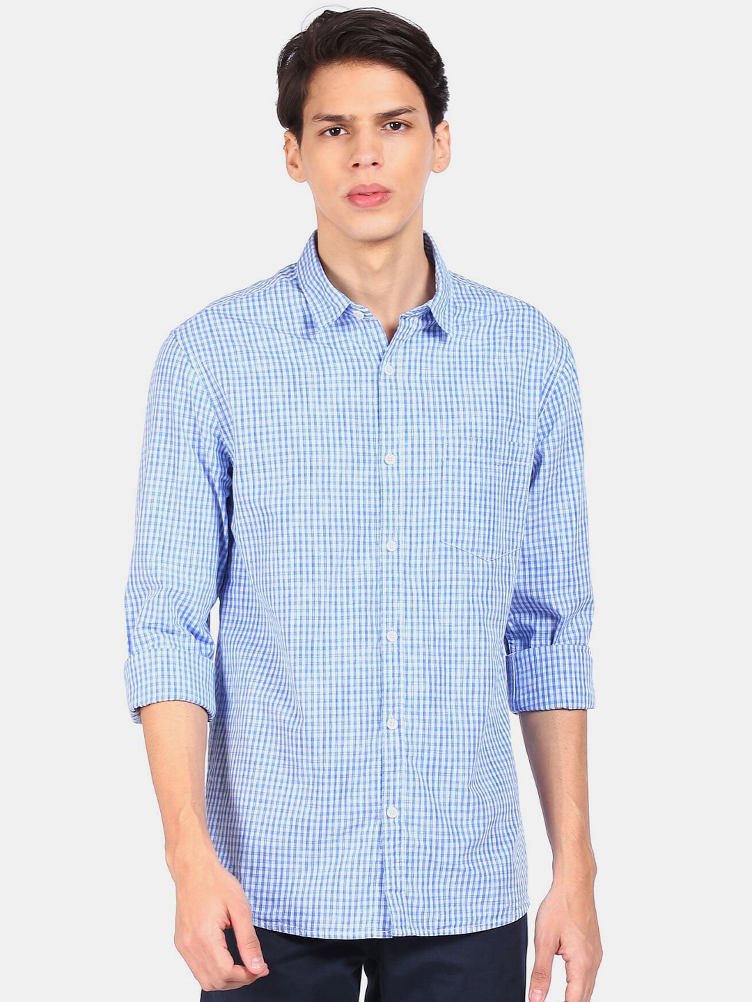 

Ruggers Men Blue & White Checked Regular Fit Casual Shirt