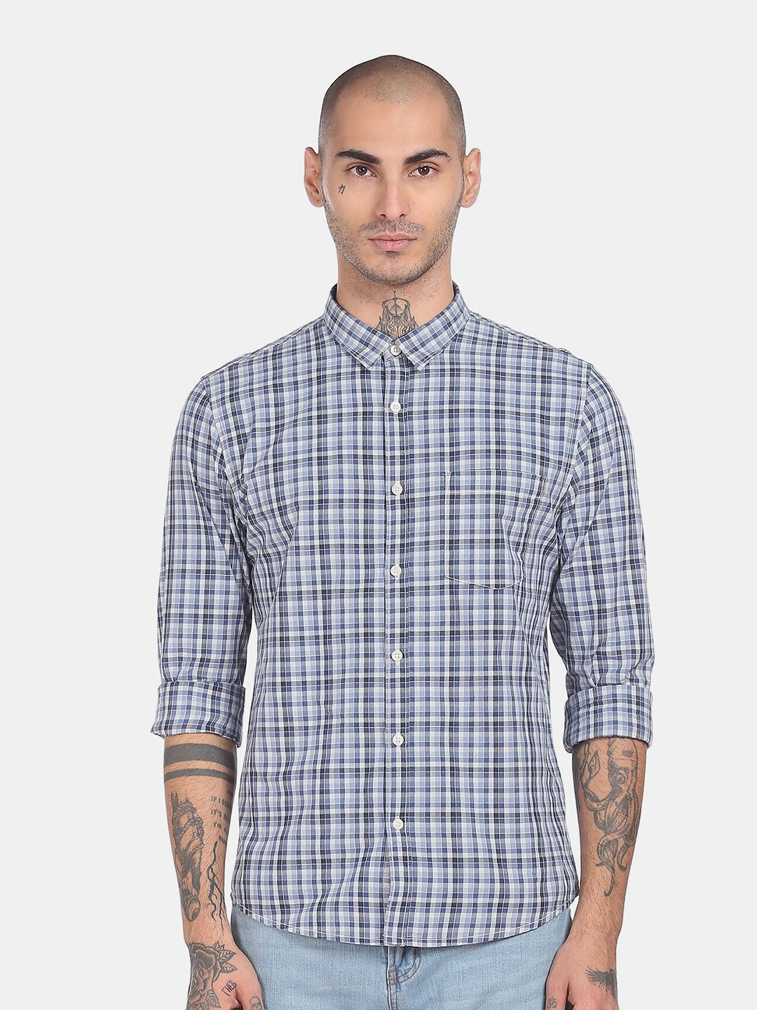 

Ruggers Men Blue Tartan Checked Casual Shirt