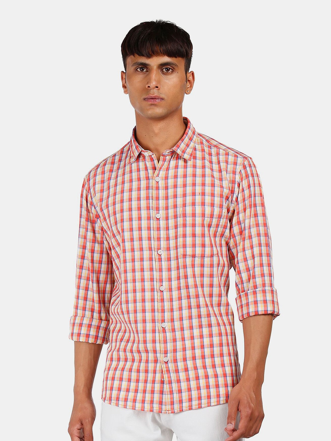 

Ruggers Men Orange Cotton Slim Fit Checked Casual Shirt