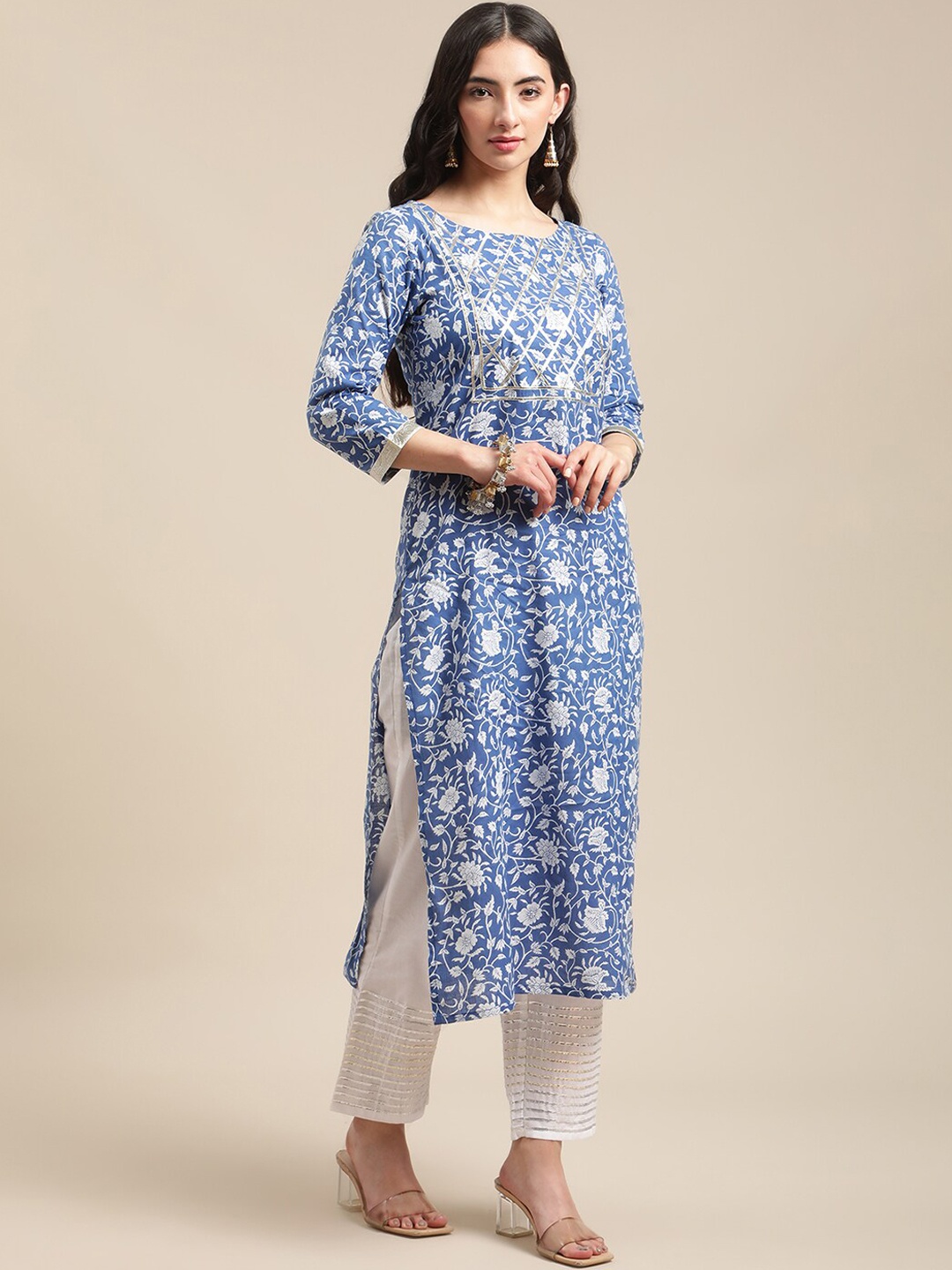 

Varanga Women Blue Ethnic Motifs Printed Gotta Patti Pure Cotton Kurta with Trousers