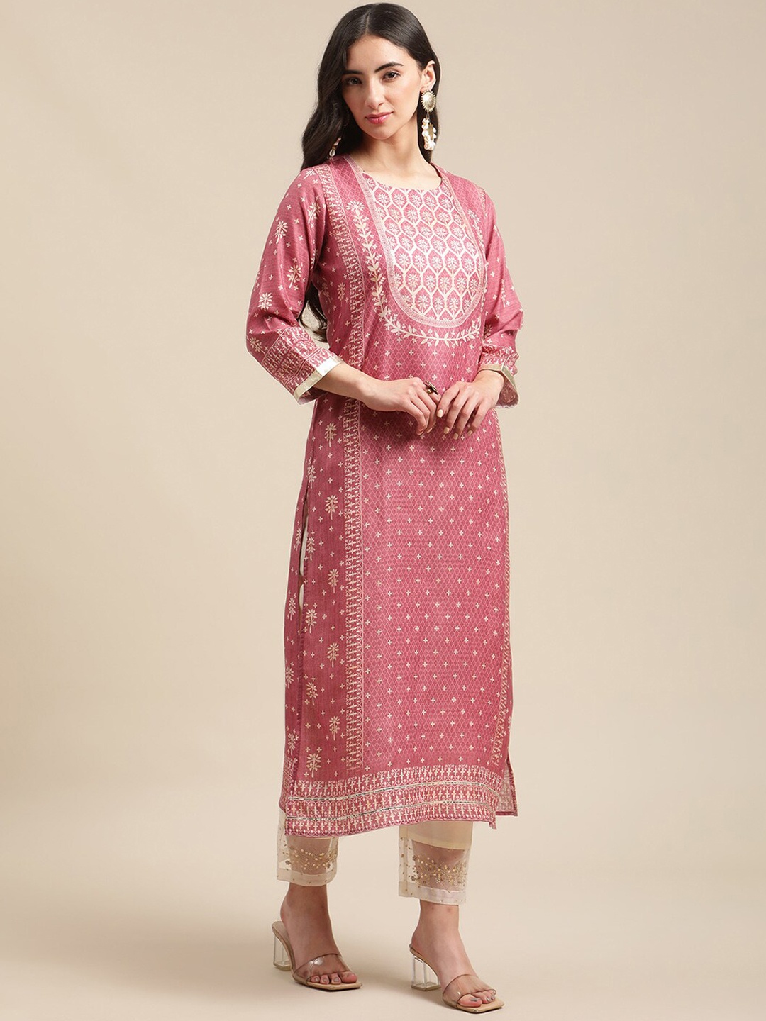 

Varanga Women Mauve Ethnic Motifs Printed Pure Cotton Kurti with Trousers