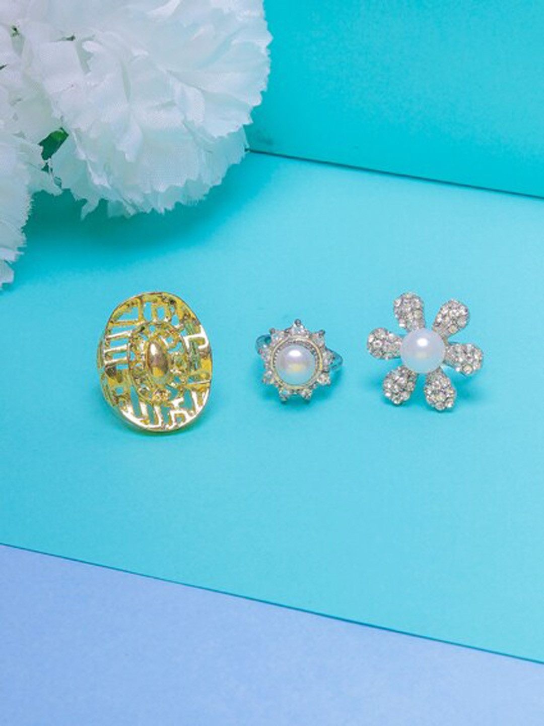 

DIVA WALK Set Of 3 Silver-Plated & Cubic Zirconia Studded Finger Ring