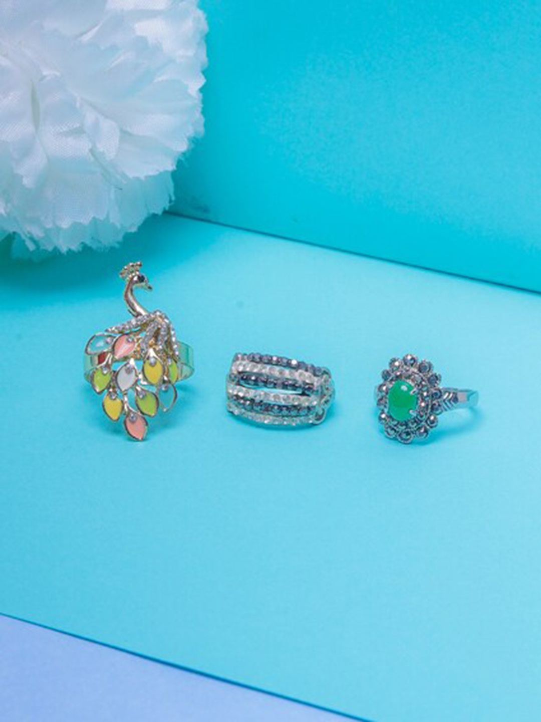 

DIVA WALK Set Of 3 Silver-Plated & Cubic Zirconia Studded Finger Ring