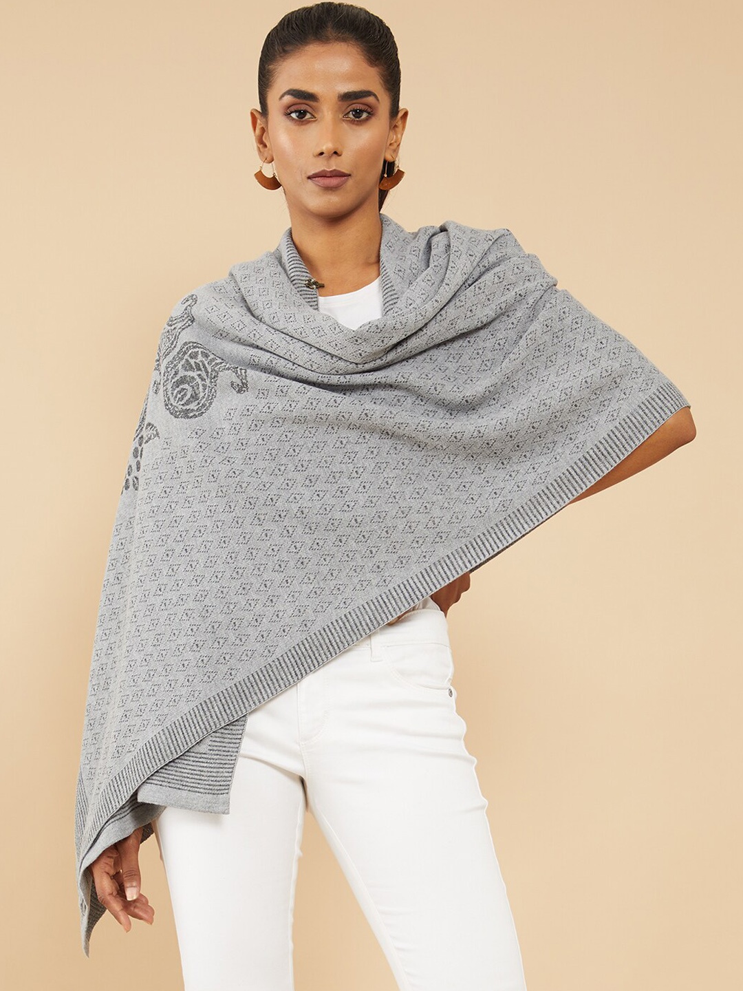 

Soch Women Grey Longline Woven Design Shrug