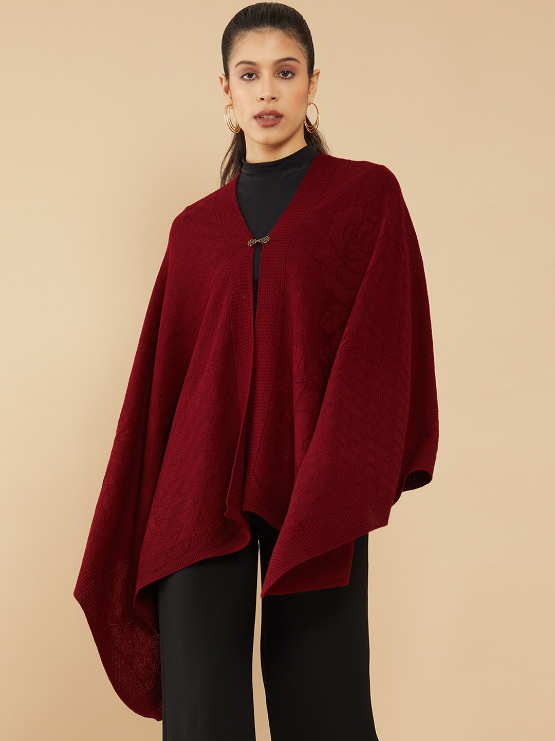 

Soch Women Maroon Longline Tailored Jacket with Patchwork