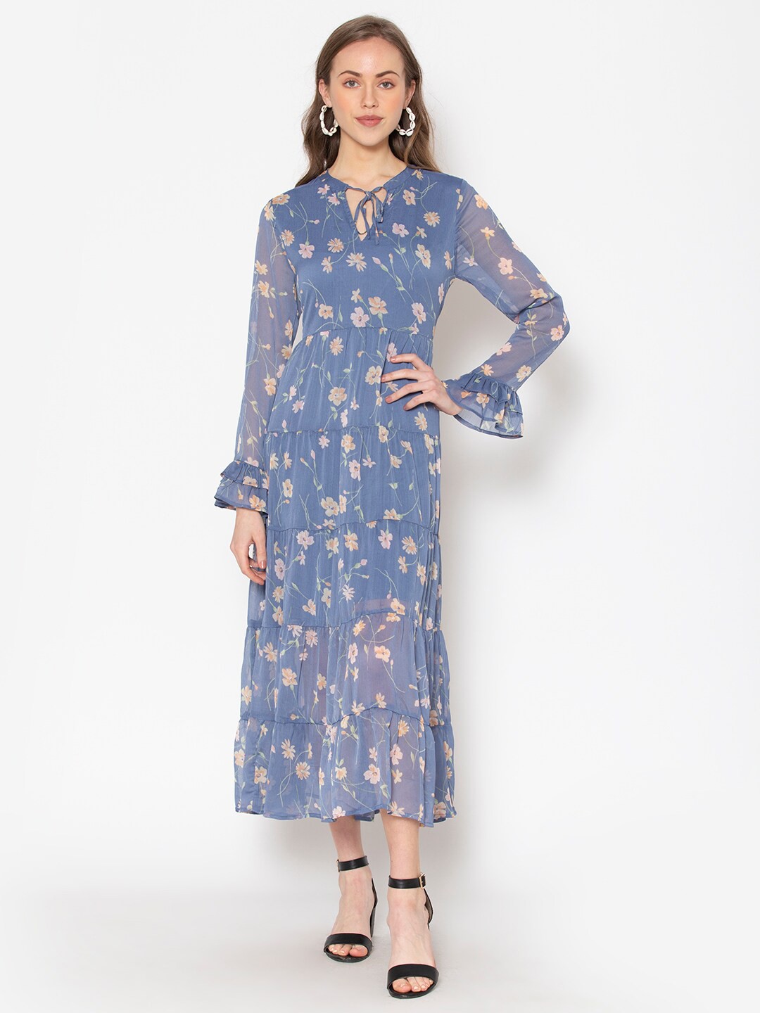 

FLAWLESS Blue Floral Printed A-Line Maxi Dress
