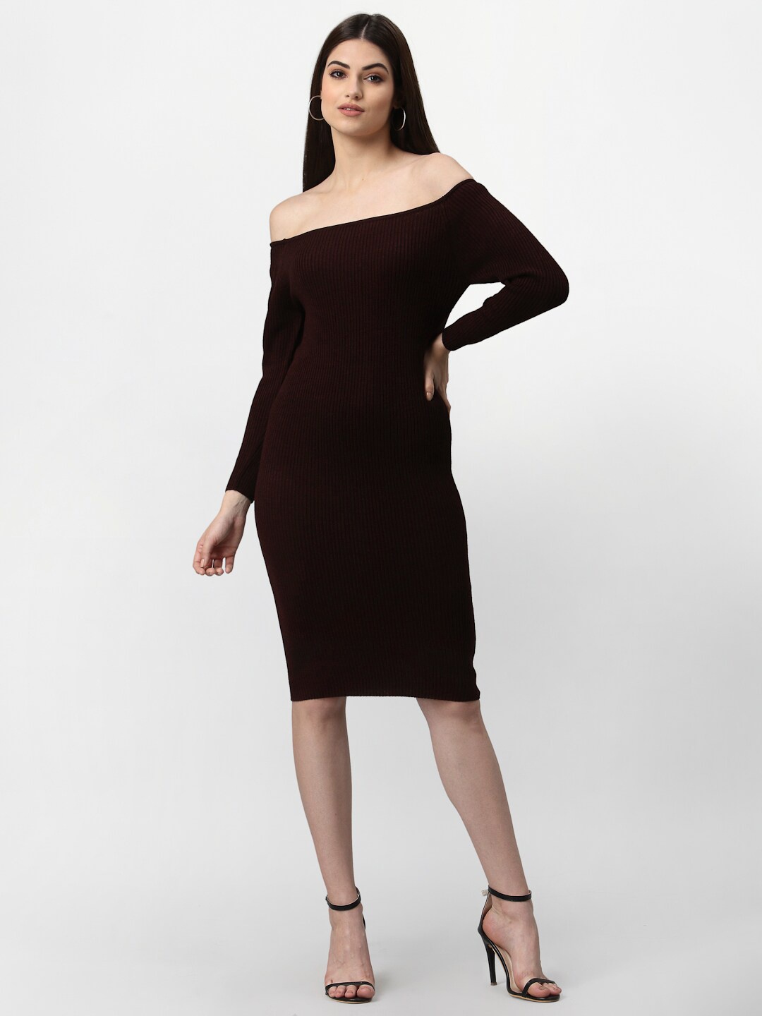 

Miramor Woman Brown Off-Shoulder Sweater Dress