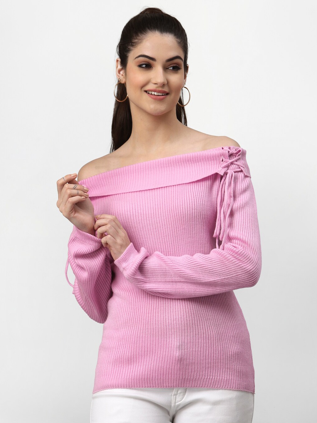 

Miramor Women Pink Acrylic Off-Shoulder Pullover