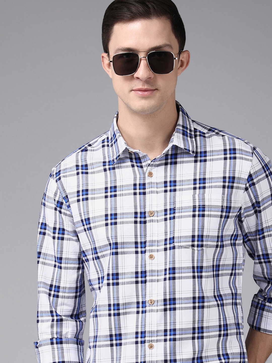 

BEAT LONDON by PEPE JEANS Men White Classic Slim Fit Tartan Checked Casual Shirt