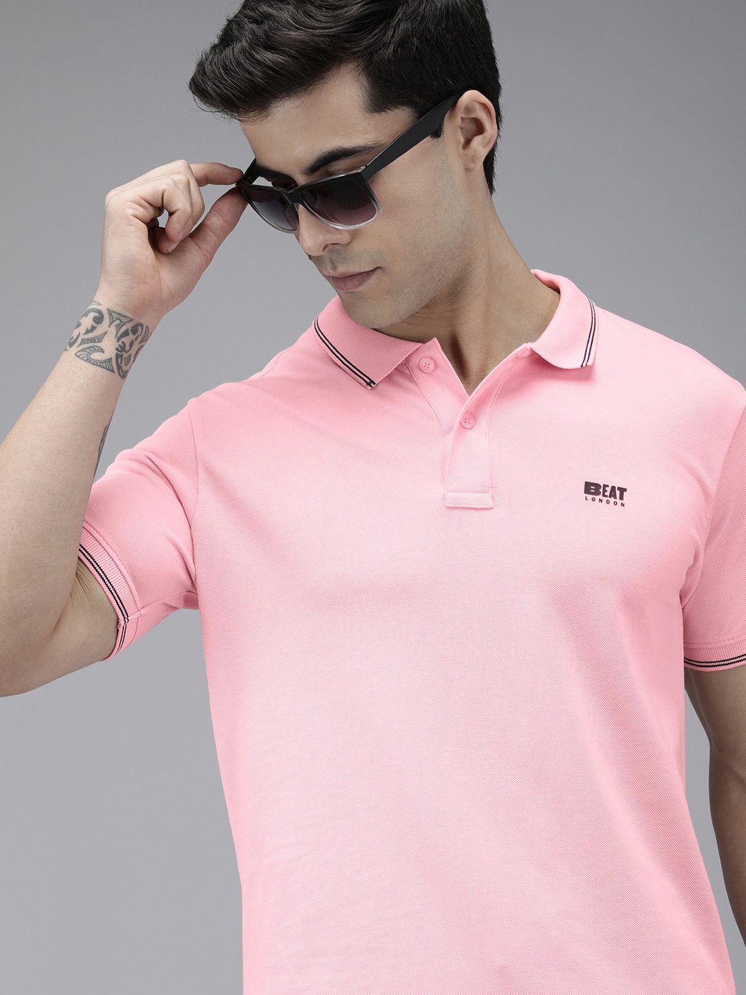 

BEAT LONDON by PEPE JEANS Men Pink Solid Polo Collar T-shirt