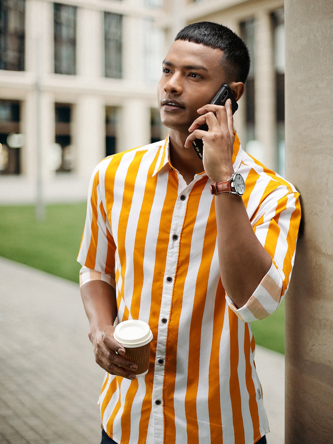 

BEAT LONDON by PEPE JEANS Men Mustard Yellow Classic Slim Fit Bengal Stripes Opaque Shirt