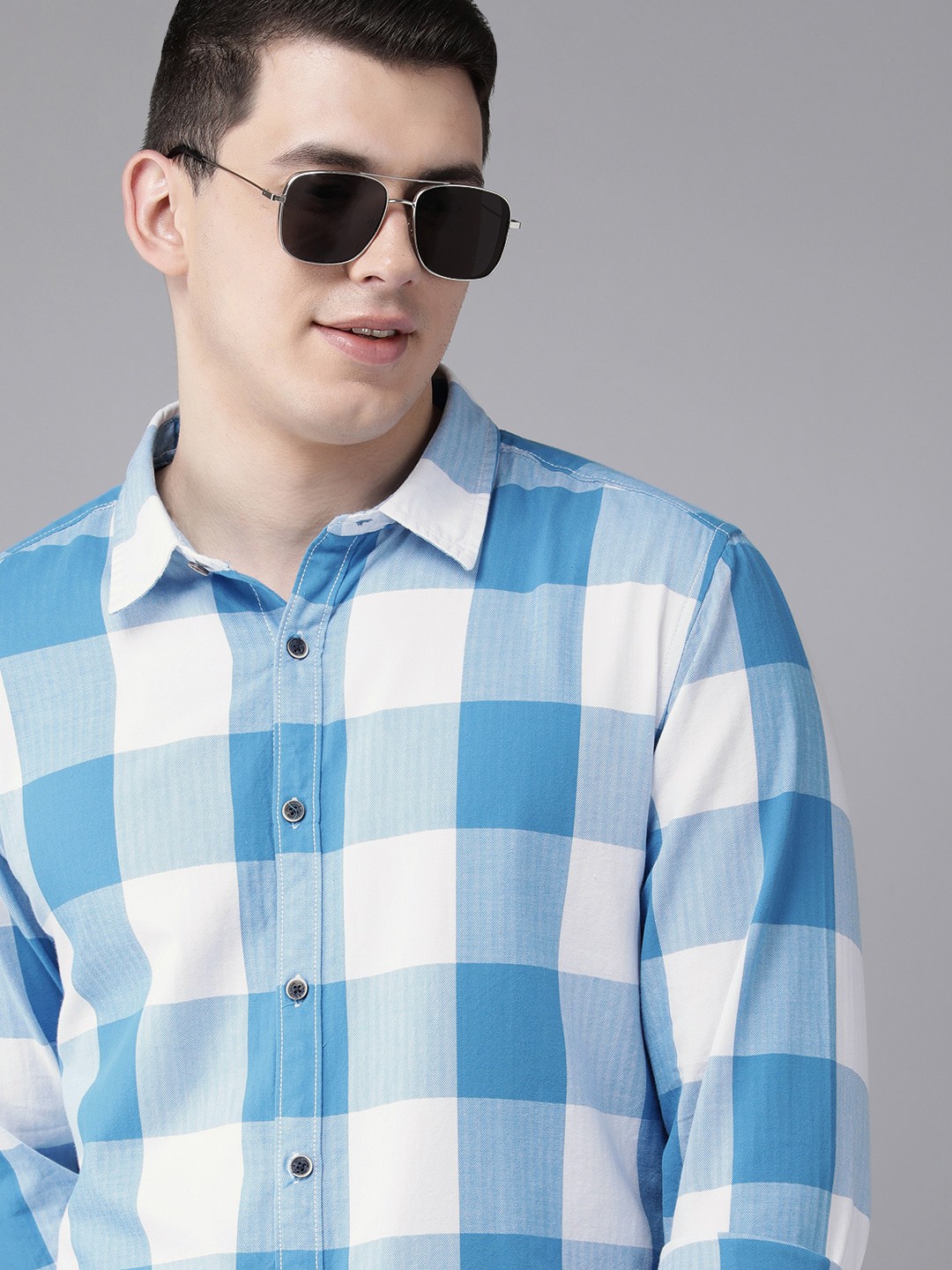 

BEAT LONDON by PEPE JEANS Men Blue Checked Pure Cotton Casual Shirt