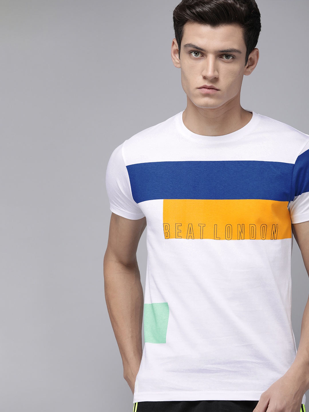 

BEAT LONDON by PEPE JEANS Men White & Blue Colourblocked Slim Fit Pure Cotton T-shirt