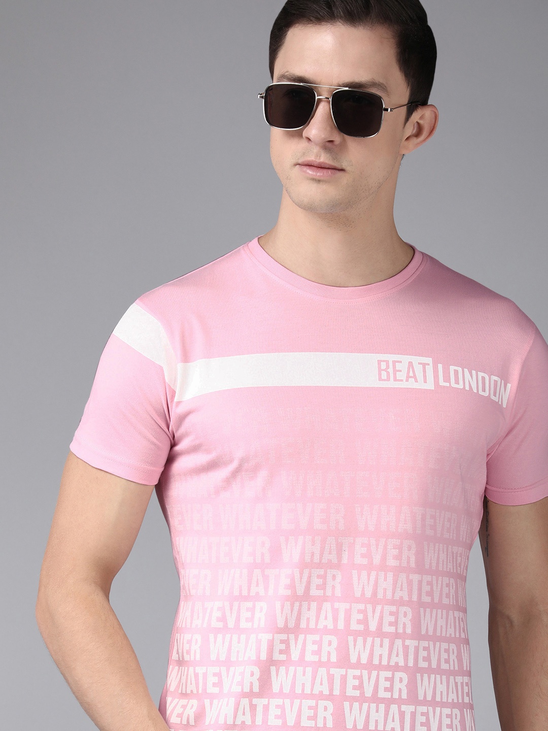 

BEAT LONDON by PEPE JEANS Men Pink & White Typography Ombre Print Slim Fit T-shirt