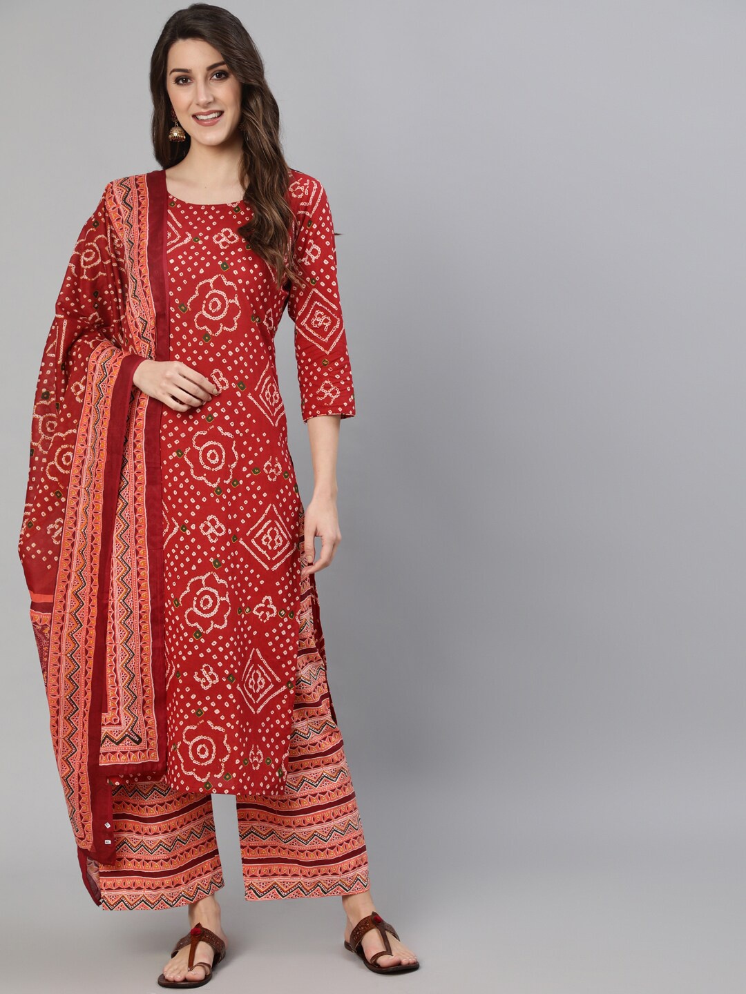 

Nayo Women Red Bandhani Printed Pure Cotton Kurta with Palazzos & With Dupatta