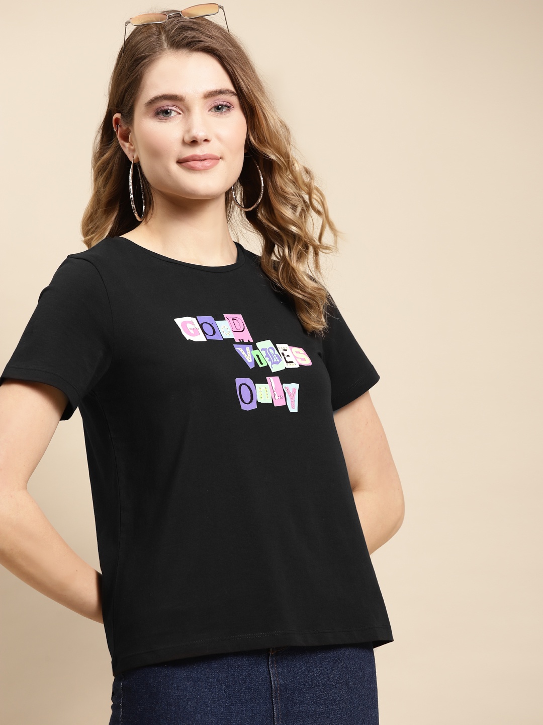 

COVER STORY Women Black Typography Printed T-shirt