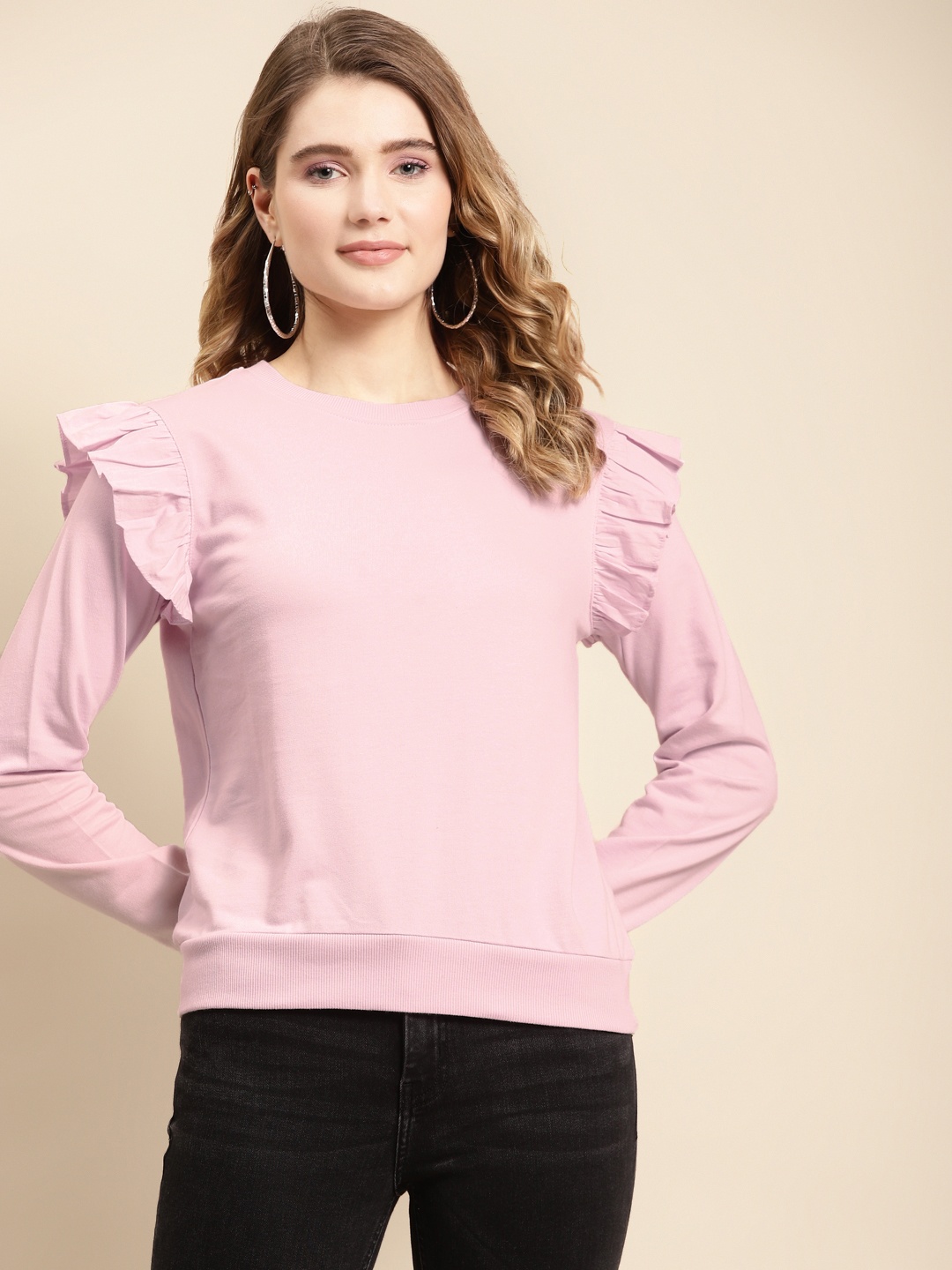 

COVER STORY Women Pink Cotton Sweatshirt with Ruffles Detail