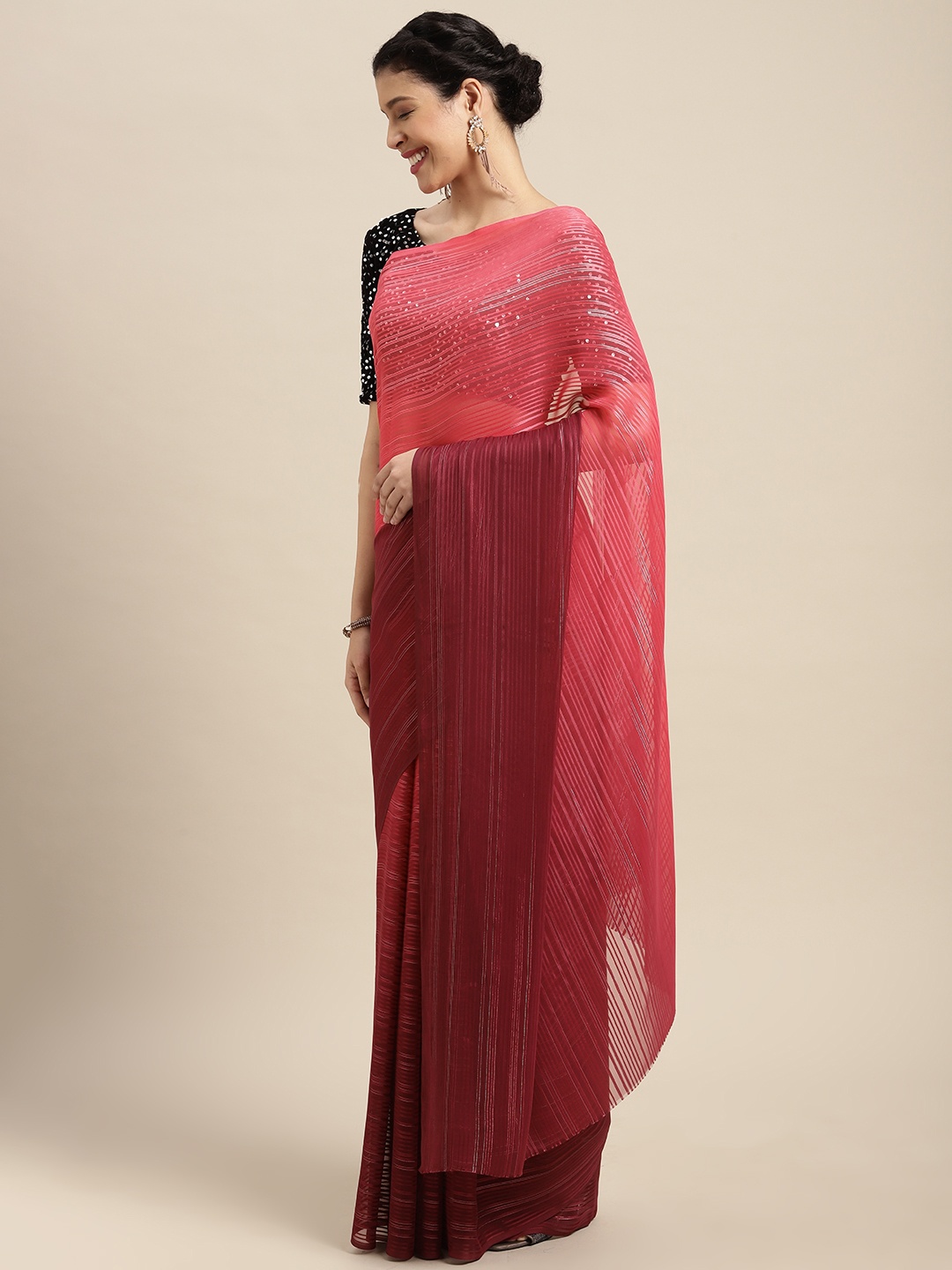 

Satrani Maroon & Pink Striped Ombre Zari Saree