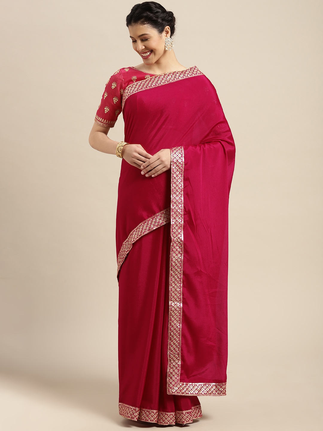 

Satrani Red Sequinned Embroidered Lace Saree