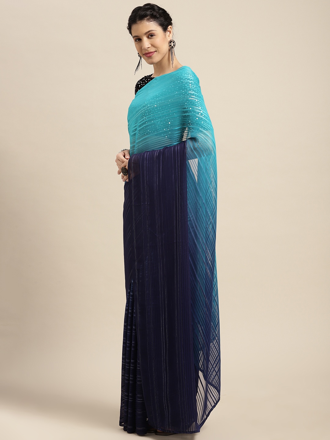 

Satrani Turquoise Blue & Navy Blue Ombre Striped Saree