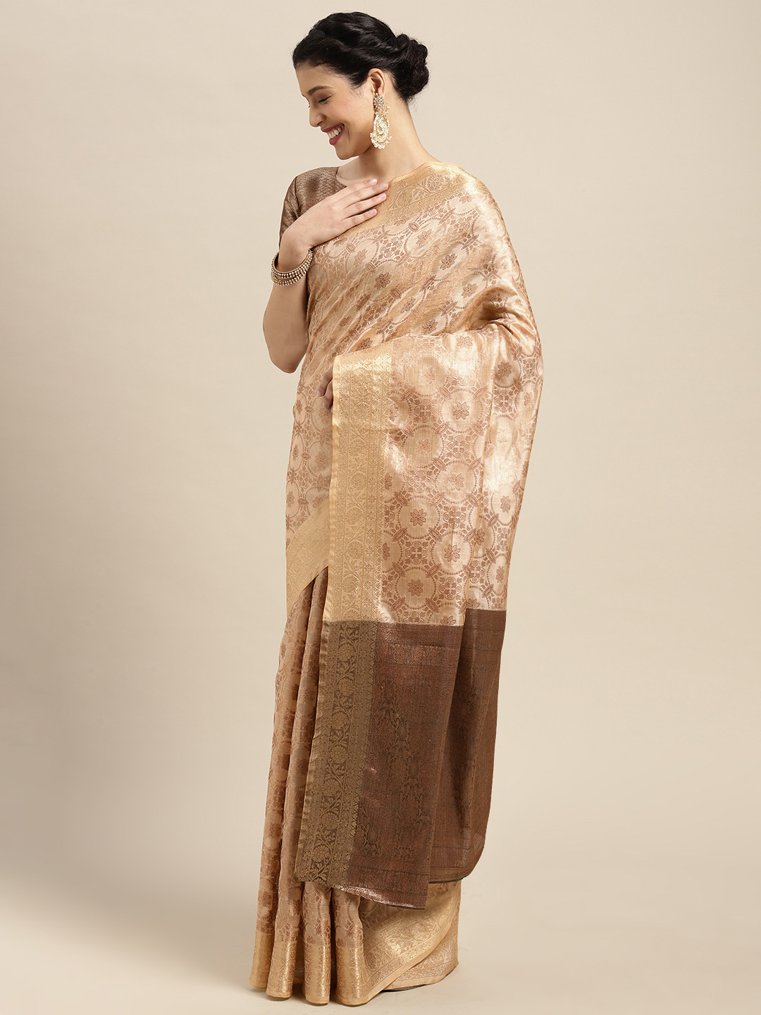 

Satrani Beige & Brown Woven Design Zari Silk Cotton Kanjeevaram Saree