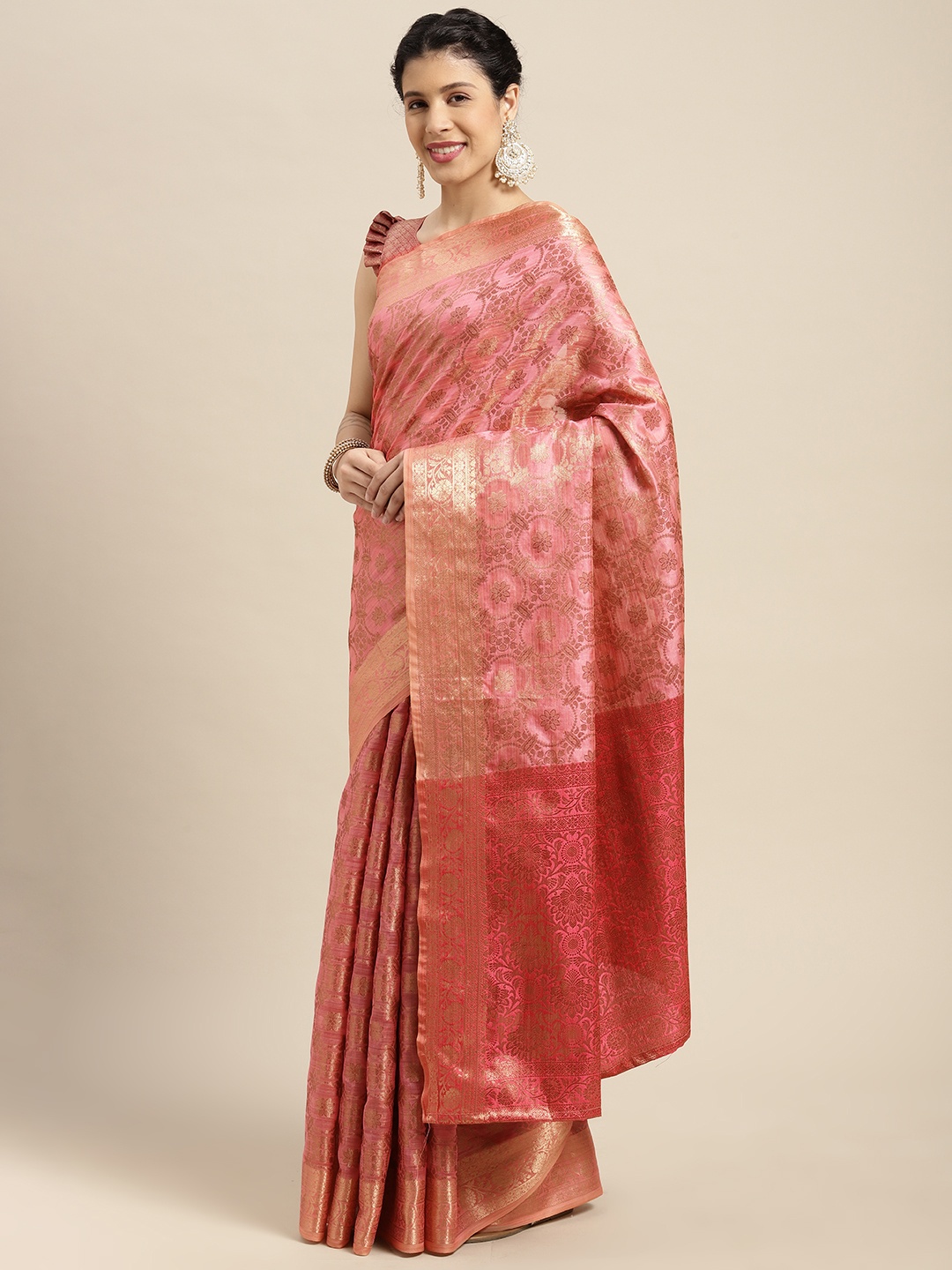 

Satrani Pink & Gold-Toned Woven Design Zari Silk Cotton Kanjeevaram Saree