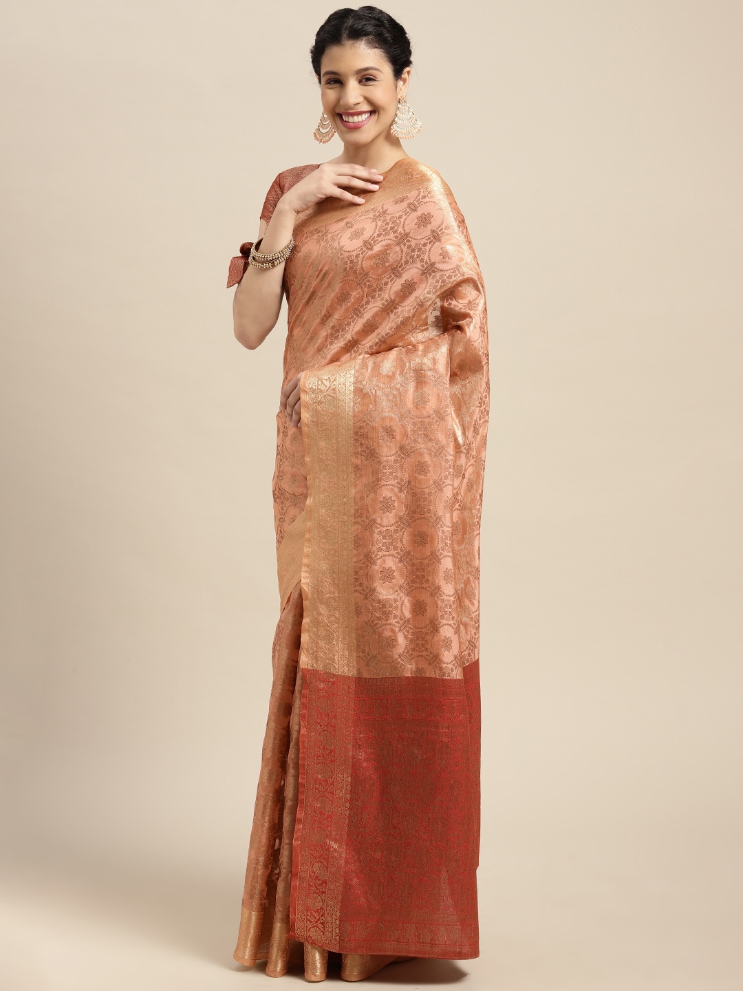 

Satrani Peach-Coloured & Brown Woven Design Zari Silk Cotton Kanjeevaram Saree