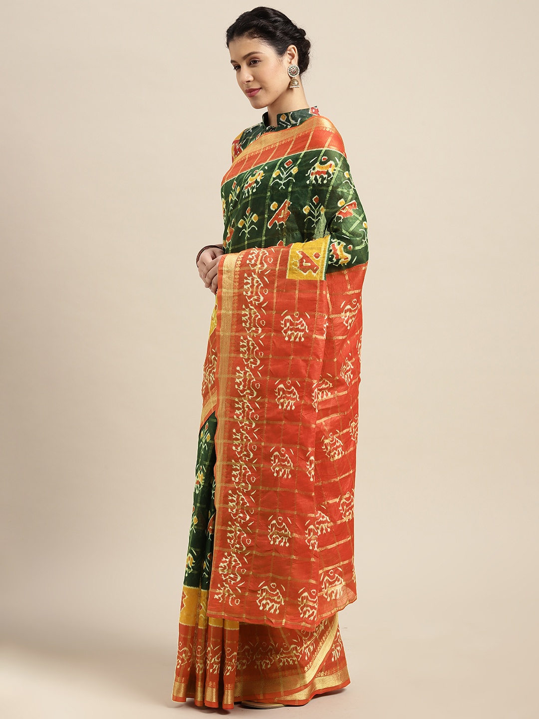 

Satrani Green & Red Ethnic Motifs Zari Pure Cotton Saree