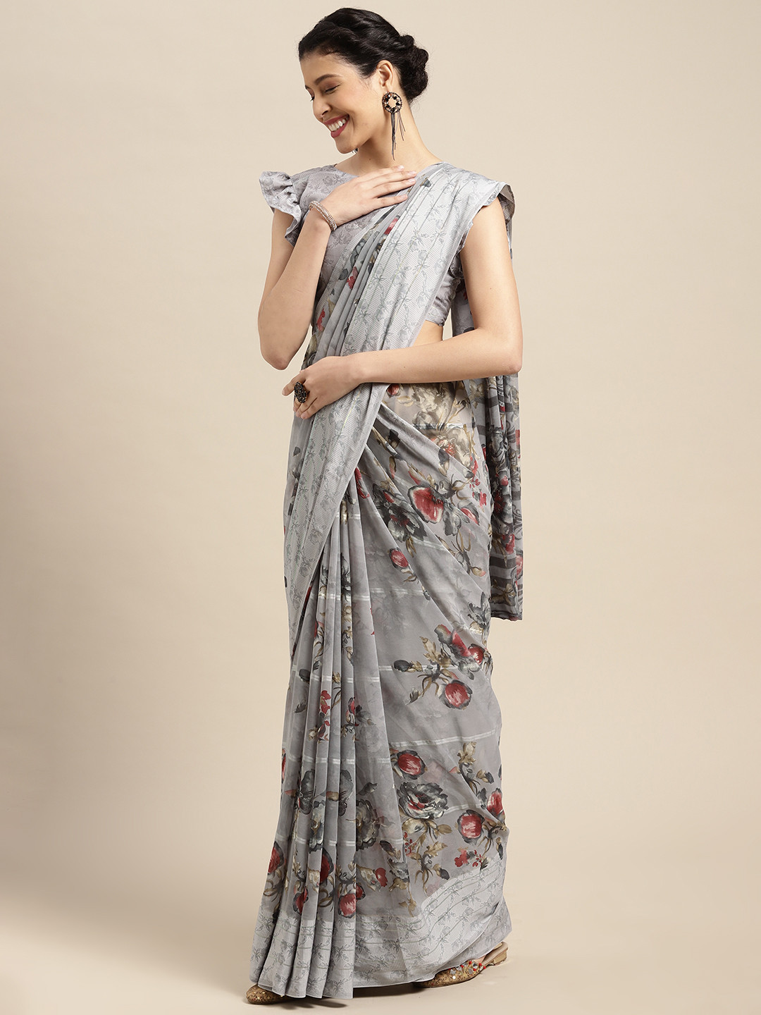 

Satrani Grey & Multicoloured Floral Pure Georgette Saree